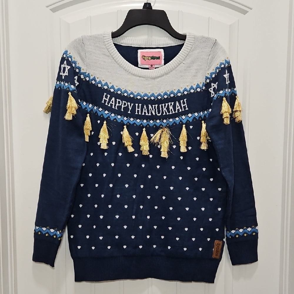 Tipsy Elves Happy Hanukkah Ugly Festive Sweater with Gold Tassels